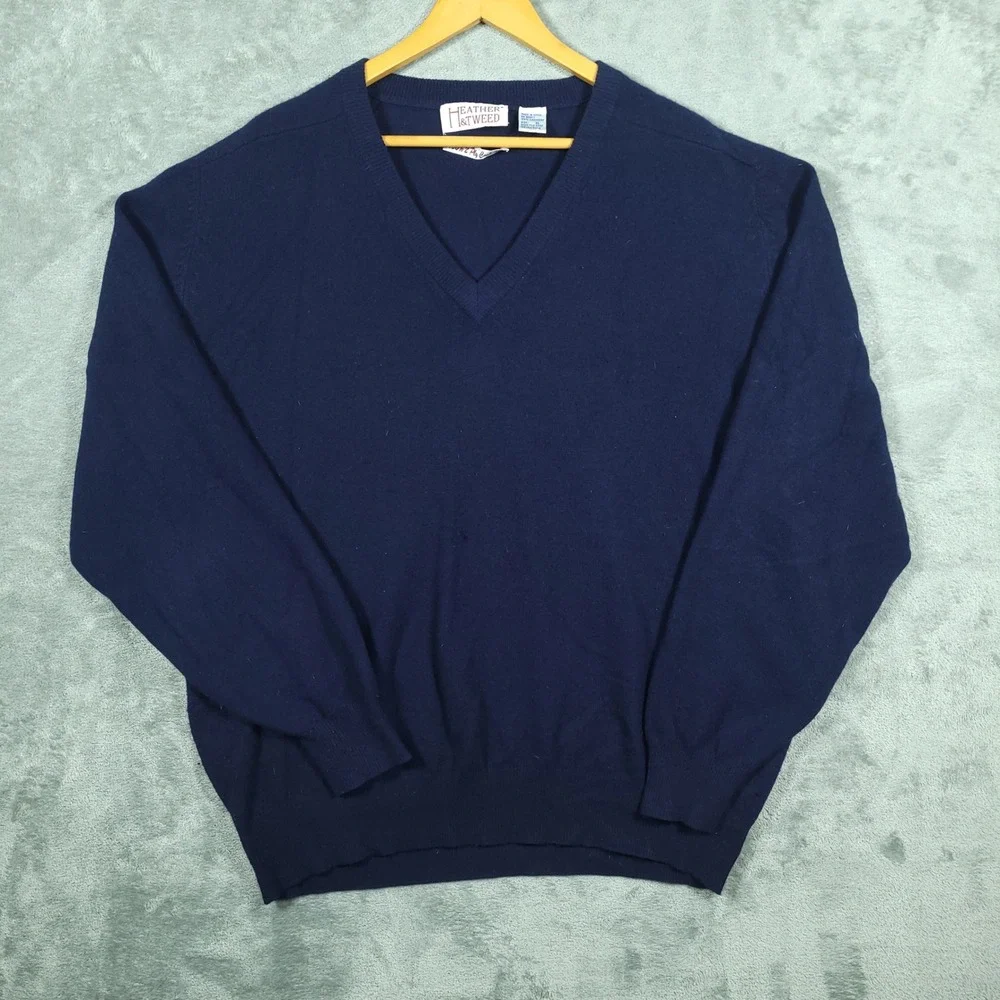 Heather & Tweed Sweater Mens XL Navy Blue 100% 2-Ply Cashmere V-Neck Pullover
